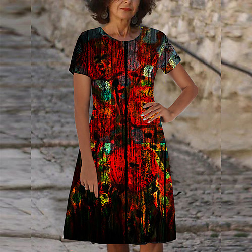 

Women's Shift Dress Knee Length Dress Red Short Sleeve Print Tie Dye Flag Print Spring Summer Round Neck Casual 2021 S M L XL XXL 3XL