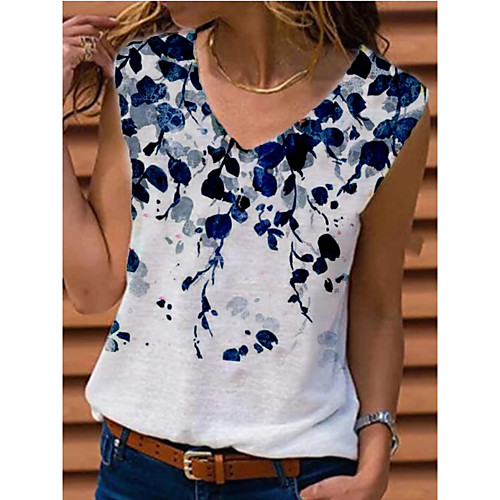 

Women's Tank Top Floral V Neck Tops Basic Top White Blue Purple