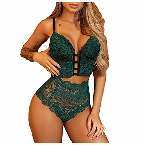 

lilosy women sexy underwire padded push up lingerie set floral lace longline bralette crop cami top bra and lace up panty 2 piece army green large