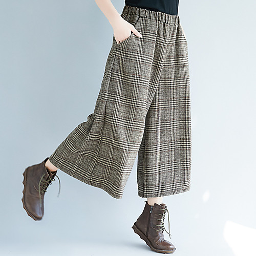 

Women's Stylish Streetwear Comfort Going out Weekend Bootcut Pants Plaid Checkered Ankle-Length Pocket Elastic Waist Light Brown