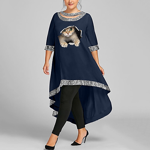 

Women's Plus Size Dresses Swing Dress Maxi long Dress 3/4 Length Sleeve Cat Graphic 3D Patchwork Boho Spring & Summer White Black Wine XL XXL 3XL 4XL 5XL