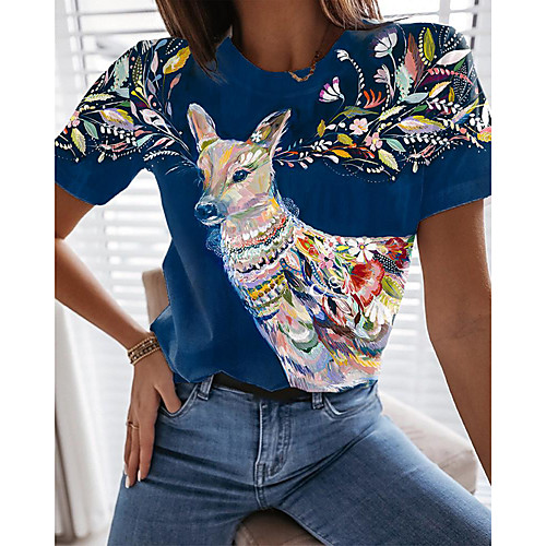 

Women's T shirt Floral Graphic Animal Print Round Neck Tops Basic Basic Top Royal Blue