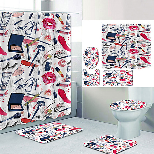 

Red Lipstick Mark Digital Printing Four-piece Set Shower Curtains and Hooks Modern Polyester Machine Made Waterproof Bathroom