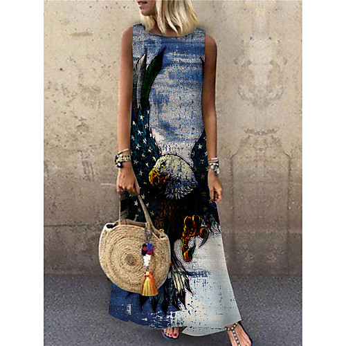 

Women's Shift Dress Maxi long Dress Blue Sleeveless Flag Animal Print Spring Summer Round Neck Casual 2021 S M L XL XXL 3XL