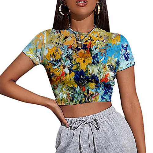 

Women's Crop Tshirt Floral Graphic Print Round Neck Tops Basic Basic Top Blue Purple Yellow