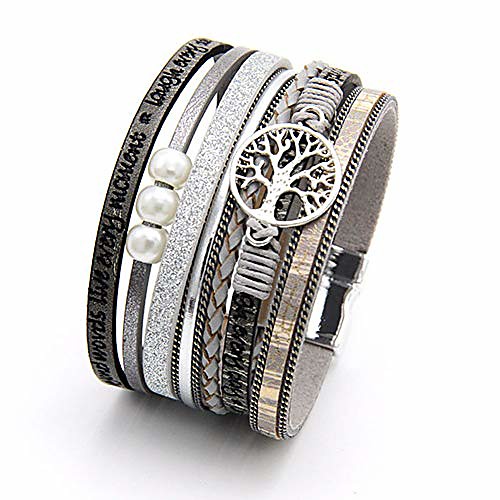 

tgls tree of life leather bracelet multi-layer wraps boho magnetic buckle wristband bangle cuff bracelets for women girls (grey)