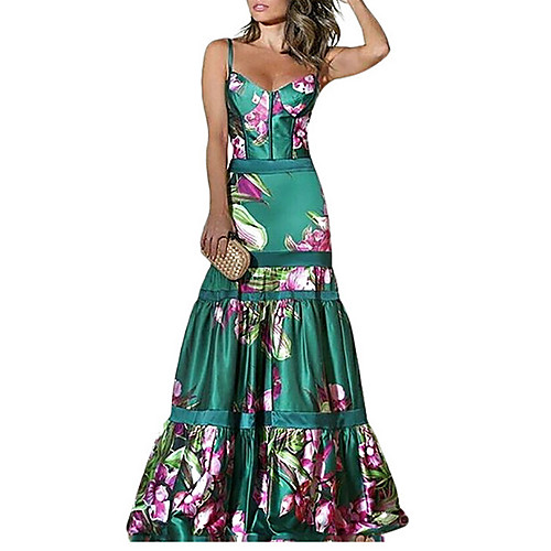 

Women's Sheath Dress Maxi long Dress Green Sleeveless Floral Patchwork Print Spring Summer Casual 2021 S M L XL XXL 3XL