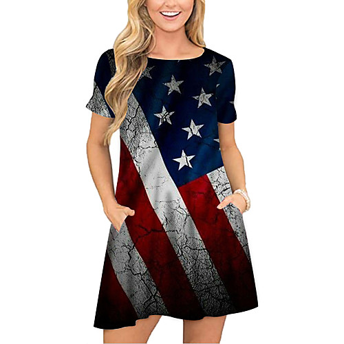 

Women's T Shirt Dress Tee Dress Short Mini Dress Blue Short Sleeve Print Flag Pocket Print Spring Summer Round Neck Casual 2021 S M L XL XXL 3XL