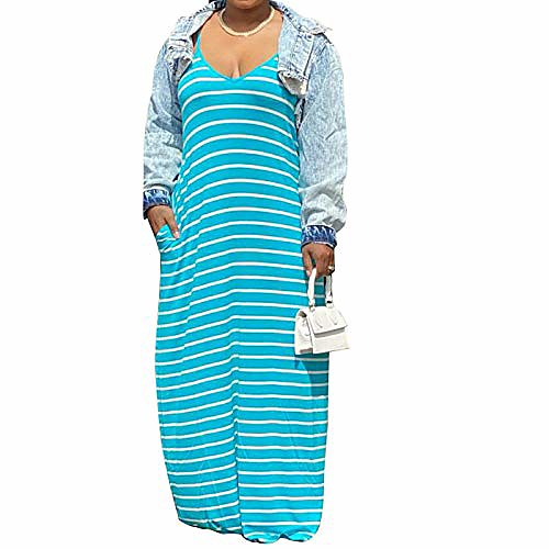 

women's summer plus size casual stripe printed bohemian spaghetti strap floral long maxi dress with pockets blue 3xl