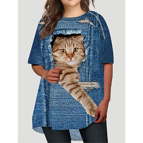 

Women's Plus Size Dresses T Shirt Dress Tee Dress Short Mini Dress Half Sleeve Cat Graphic Animal Print Basic Fall Blue XL XXL 3XL 4XL 5XL / Holiday