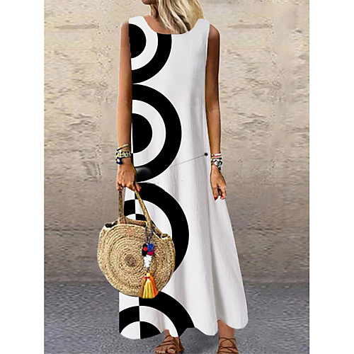 

Women's Shift Dress Maxi long Dress White Sleeveless Print Geometric Print Spring Summer Round Neck Casual 2021 S M L XL XXL 3XL