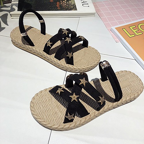 

Women's Sandals Boho Bohemia Beach Flat Heel Round Toe PU Black Beige