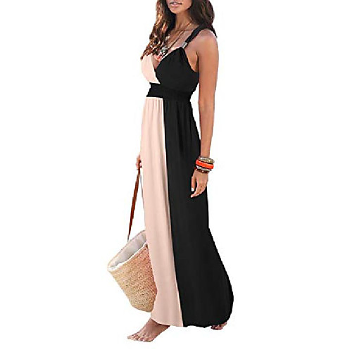 

mitilly women's sexy v neck sleeveless boho floral print beach long maxi dress with pockets khaki large
