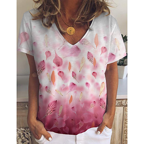 

Women's T shirt Floral Graphic Print V Neck Tops Basic Basic Top Purple Blushing Pink Fuchsia