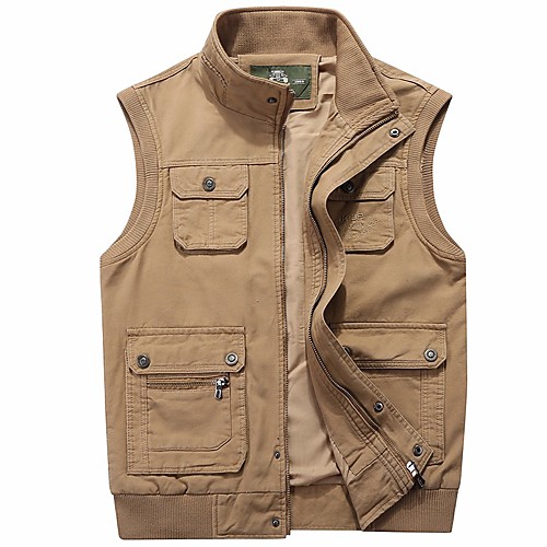 

Men's Hiking Tee shirt Sleeveless Stand Collar Vest / Gilet Outdoor Breathable Soft Comfortable Multi-Pockets Autumn / Fall Winter Cotton Solid Color Army Green Khaki Hunting Fishing Camping / Hiking