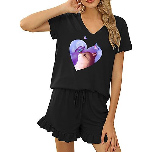 

Women Basic Streetwear Cat Heart Vacation Casual / Daily Two Piece Set Tracksuit T shirt Shorts Drawstring Ruffle Print Tops