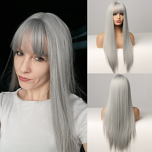 

Synthetic Wig Natural Straight Neat Bang Wig Medium Length A1 Synthetic Hair Women's Cosplay Party Fashion Silver Gray