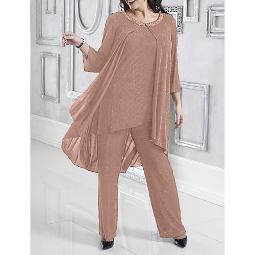 

Pantsuit / Jumpsuit Mother of the Bride Dress Elegant Jewel Neck Floor Length Chiffon Long Sleeve with Beading 2021