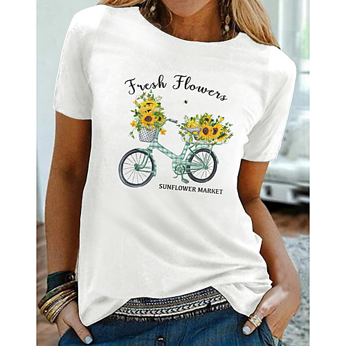 

Women's T shirt Floral Graphic Text Print Round Neck Tops Basic Basic Top White