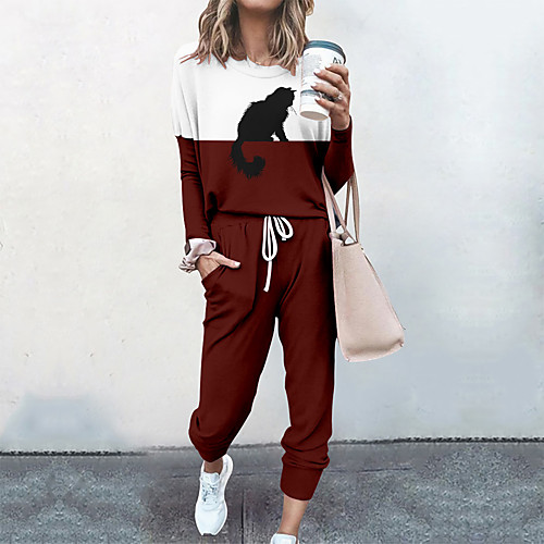 

Women's Streetwear Cinched Print Cat 3D Going out Casual / Daily Two Piece Set Sweatshirt Pant Drawstring Print Tops