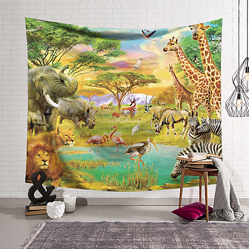 

Wall Tapestry Art Decor Blanket Curtain Hanging Home Bedroom Living Room Decoration Polyester Animal World Lion Giraffe Elephant Hippo Flamingo