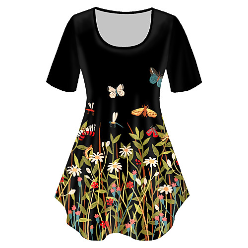 

Women's Plus Size Print Floral Graphic T shirt Large Size Crewneck Short Sleeve Basic Tops XL XXL 3XL Black Big Size