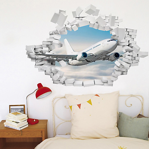 

3D Broken Wall Blue Sky White Cloud Aircraft Home Corridor Background Decoration Can Be Removed Stickers
