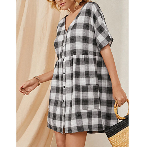 

21 years amazon wish cross-border independent station spring and summer new cotton and linen black and white plaid single-breasted dress