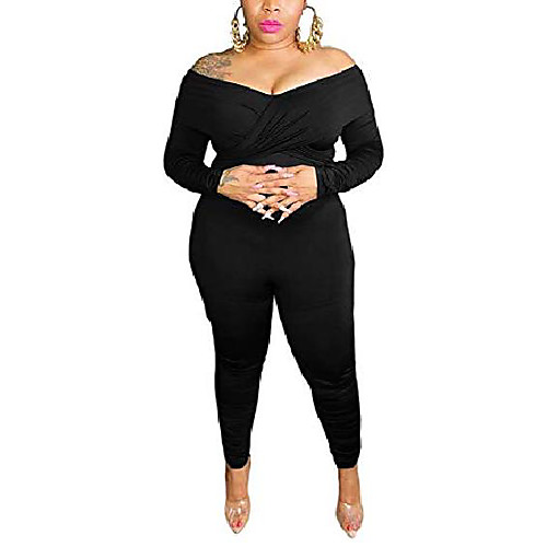 

ophestin womens plus size sexy off shoulder solid color ruched bodycon jumpsuits black xxl