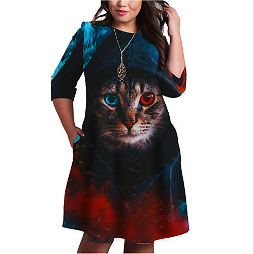 

Women's Plus Size Dresses Shift Dress Knee Length Dress 3/4 Length Sleeve Cat Graphic Print Basic Fall Black XL XXL 3XL 4XL 5XL / Holiday