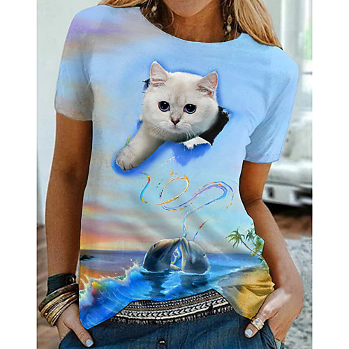 

Women's T shirt Cat Graphic 3D Print Round Neck Tops Basic Basic Top Blue