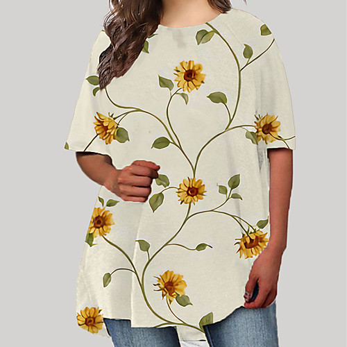 

Women's Plus Size Dresses T Shirt Dress Tee Dress Short Mini Dress Short Sleeve Floral Graphic Print Casual Spring & Summer White Beige XL XXL 3XL 4XL 5XL / Going out