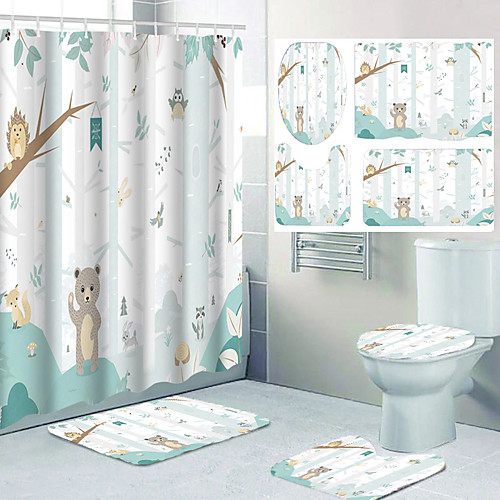

Flower Pattern Bathroom Waterproof Shower Curtain and Cushion Four-piece Modern Polyester New Design