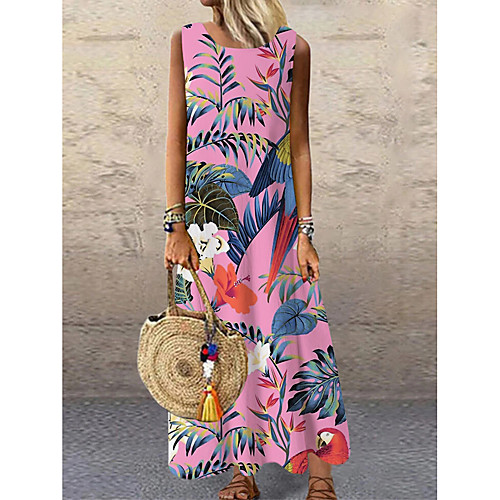 

Women's Shift Dress Maxi long Dress Blushing Pink Sleeveless Floral Print Print Spring Summer Round Neck Casual 2021 S M L XL XXL 3XL
