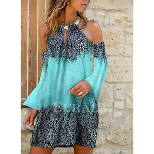 

Women's Shift Dress Short Mini Dress Green Long Sleeve Print Print Summer Halter Neck Elegant Cotton 2021 S M L XL XXL 3XL