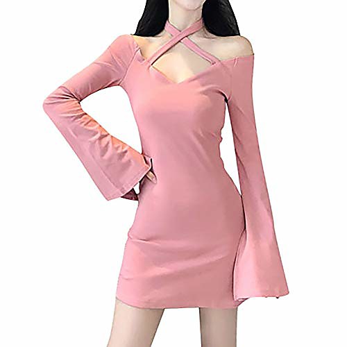 

sexy criss cross waist cut out dress deep v neck long sleeve knee length wrap front bodycon dress women's club wear (29# pink)