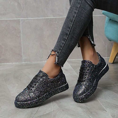 

Women's Sneakers Flat Heel Closed Toe Rubber Sequin Solid Colored Black Blue Pink