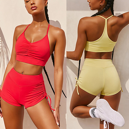 

Women's 2pcs Yoga Suit Sports Bra with Shorts Racerback Open Back Solid Color Red Daffodil Yoga Running Shorts Sports Bra Underwear Sleeveless Sport Activewear Breathable Quick Dry Moisture Wicking