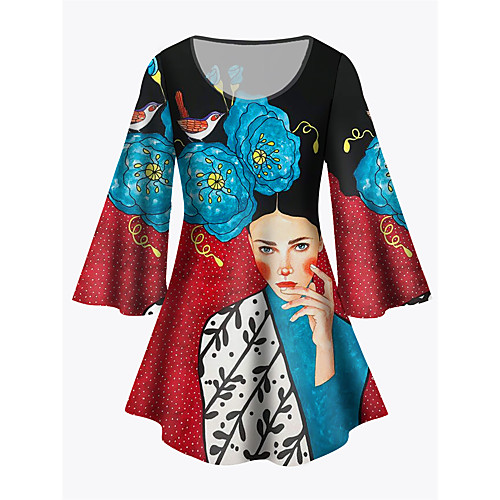 

Women's Plus Size Print Floral Graphic Portrait Tunic Large Size Crewneck 3/4 Length Sleeve Basic Tops XL XXL 3XL Red Big Size