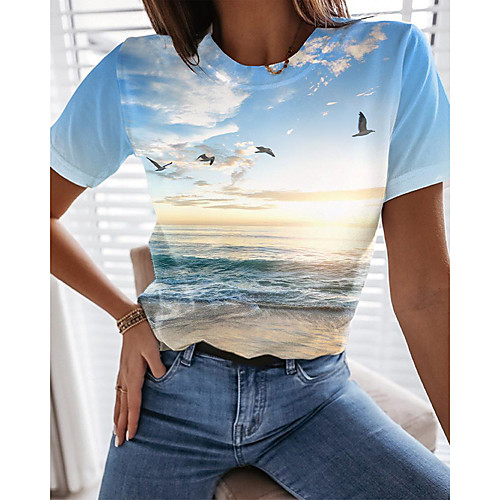 

Women's T shirt Graphic Scenery Print Round Neck Tops Basic Beach Basic Top Blue