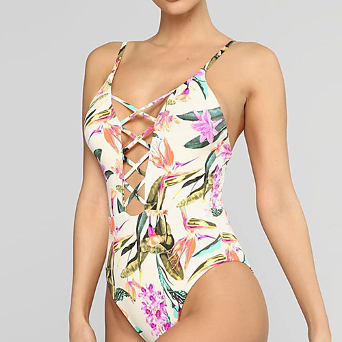 

Women's One Piece Swimsuit Swimwear Bodysuit Breathable Quick Dry Sleeveless Swimming Surfing Water Sports Floral / Botanical Summer