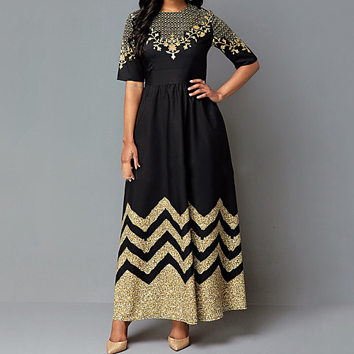 

Women's Swing Dress Maxi long Dress Black Half Sleeve Geometric Embroidered Spring Summer Round Neck Elegant 2021 S M L XL XXL