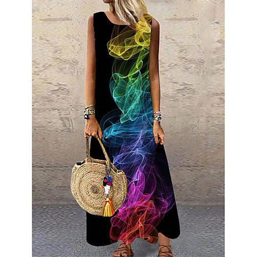 

Women's Shift Dress Maxi long Dress Black Rainbow Sleeveless Print Color Gradient Print Spring Summer Round Neck Casual 2021 S M L XL XXL 3XL