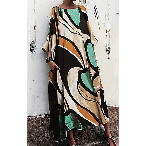

Women's Shift Dress Maxi long Dress Black 3/4 Length Sleeve Print Ruffle Print Spring Summer Round Neck Casual 2021 S M L XL XXL 3XL