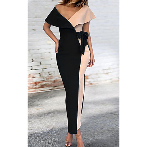 

Women's Sheath Dress Maxi long Dress Black Blue Short Sleeve Color Block Patchwork Spring Summer V Neck Casual 2021 S M L XL XXL