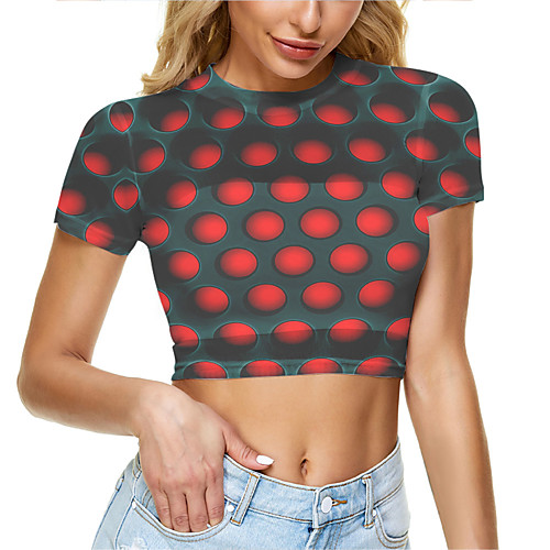

Women's Crop Tshirt Graphic Optical Illusion 3D Mesh Print Round Neck Tops Basic Basic Top White Black Blue
