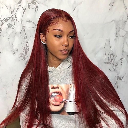 

Unprocessed Virgin Hair 4x13 Closure Wig Middle Part style Brazilian Hair Burmese Hair Silky Straight Burgundy Wig Soft Natural Hairline Coloring With Bleached Knots Bleached Knots Women's 24 inch 14