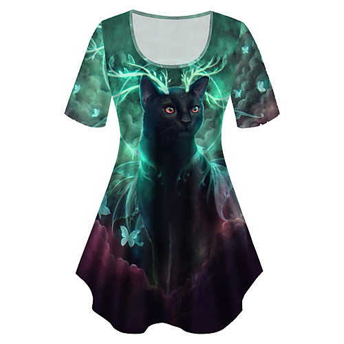 

Women's Plus Size Print Cat Graphic Animal T shirt Large Size Crewneck Short Sleeve Basic Tops XL XXL 3XL Green Big Size