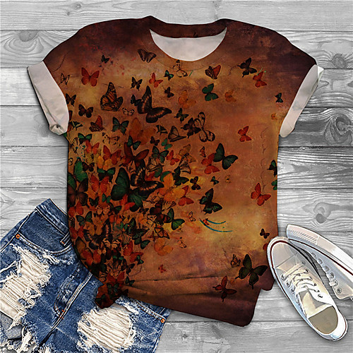 

Women's Plus Size Print Graphic Butterfly T shirt Large Size Crewneck Short Sleeve Basic Tops XL XXL 3XL Red Big Size