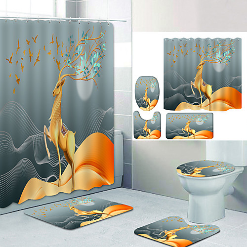 

Golden Long-Legged Deer Digital Printing Four-piece Set Shower Curtains and Hooks Modern Polyester Machine Made Waterproof Bathroom